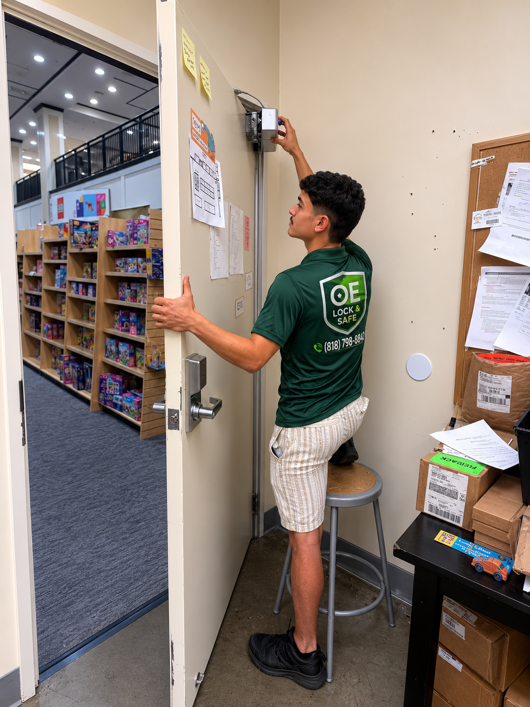 Technician adjusting a commercial door closer inside a business
