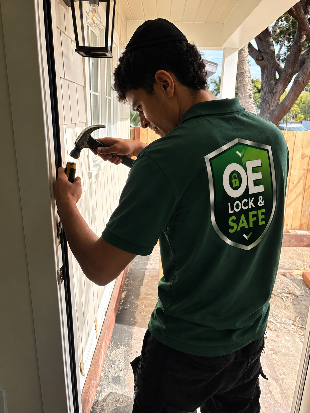 Technician repairing a residential front door lock with hand tools