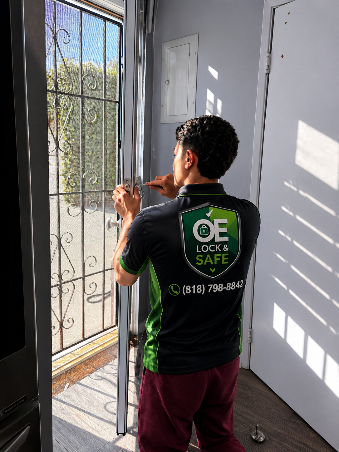 Technician working on a residential security screen door lock